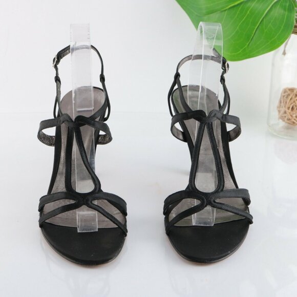 Faconnable Womens Sandal Size 10 Black Satin Strappy Caged High Heel Dress Shoe - Picture 3 of 12